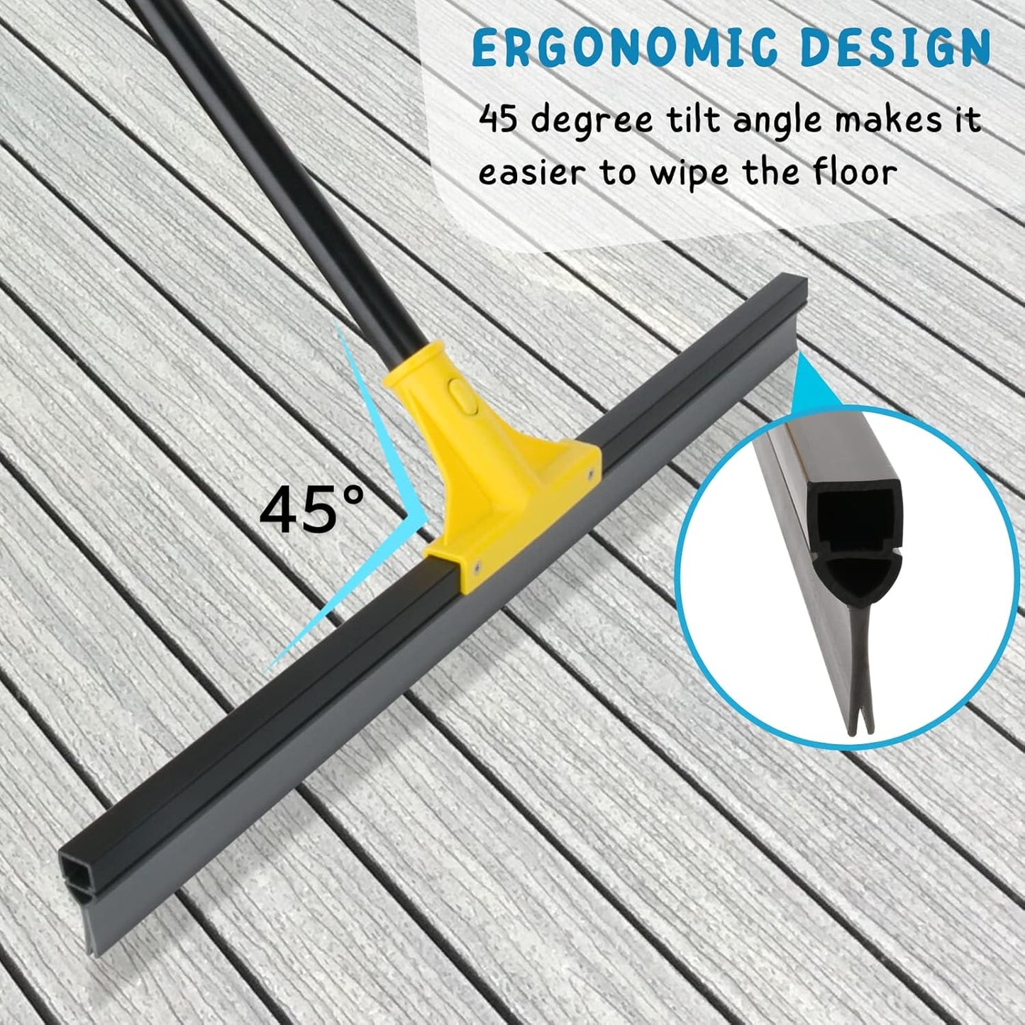Floor Squeegee for Concrete and Tile Cleaning, 24'' Rubber Wiper Broom, Large Heavy Duty Water Scraper with 60'' Long Handle for Garage, Deck, Bathroom, Shower Glass, Window