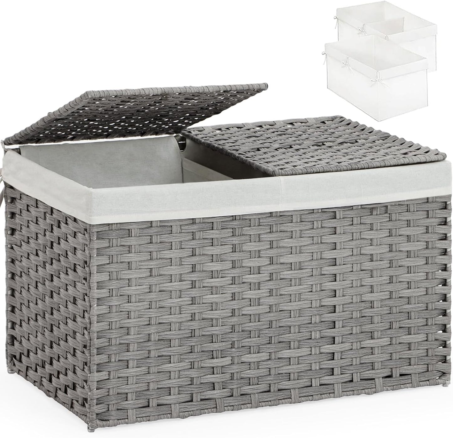 Storage Basket with Lid Rattan Storage Basket with 2 Separate Lid, 27.8 Gallon (105 L) 25.2 * 15.4 * 16.1 Inches Woven Wicker Baskets with 2 Liners and Handles for Bedroom Laundry-Gray