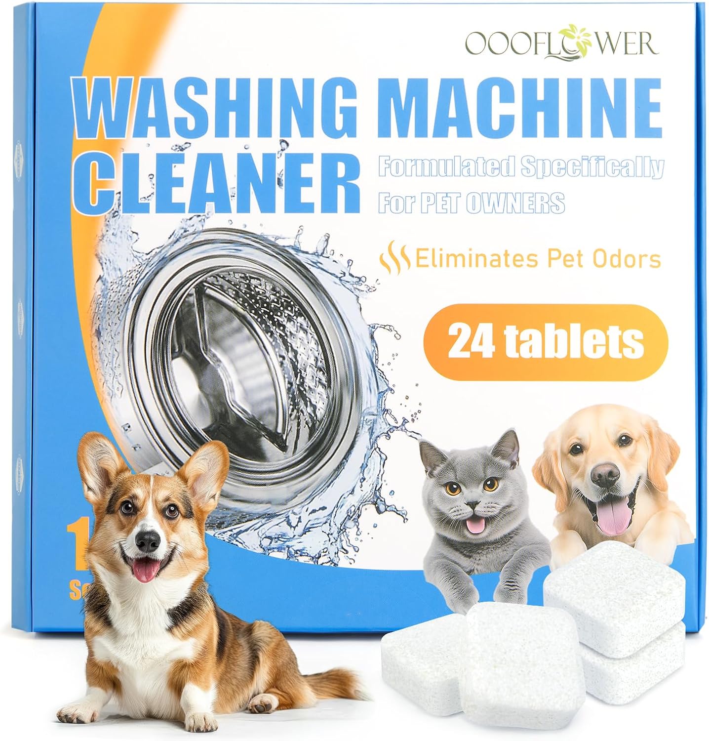 Washing Machine Cleaner Tablets 24 Pack, Formulated for Pet Owners, Deodorizer, Work with Top & Front Load, HE, Deep Cleaning Descaler, Removes Residue and Odors, Septic Safe