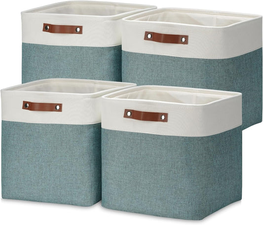 DULLEMELO Storage Bins, 4 Pack Of 13x13x13 Decorative Storage Cube Bins Suit Office, Home, Shelves And Closet, Stackale Gift Baskets Empty with Leather handle (White&Deep Green)