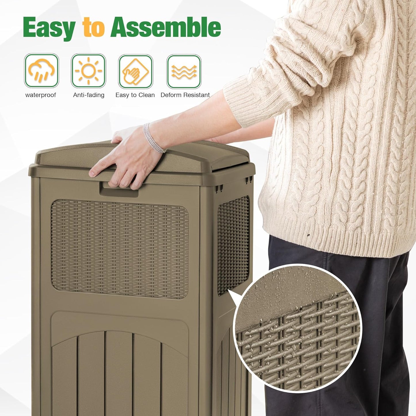 Flamaker 30 Gallon Trash Can, Resin Outdoor Garbage Can with Lid, Waterproof Hideaway Patio Waste Bins for Outside Use (2 Pack, Brown)