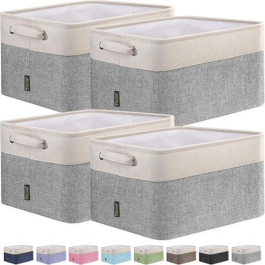 BALEINE 4 Pack Fabric Storage Bins for Shelves, Linen Storage Baskets for Organizing, Decorative Closet Bins for Clothes, Home (Grey, 12"x8"x8")