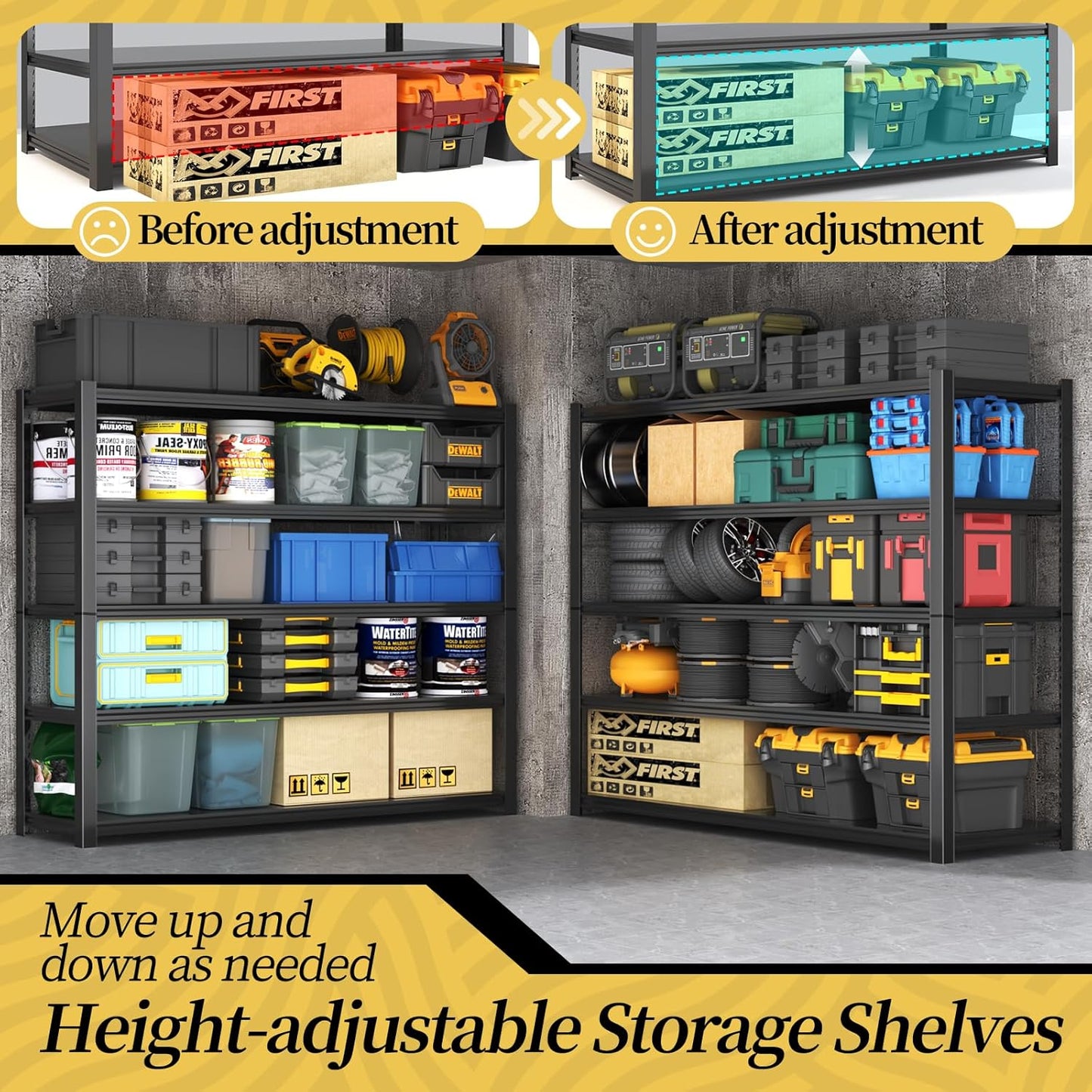 47.8" W Heavy Duty Garage Shelving 3000LBS Storage Shelves, Adjustable 5-Tier Storage Rack, Metal Shelves for Garage/Warehouse/Basement, 47.8" W x 19.8" D x 72" H, 2 Pack