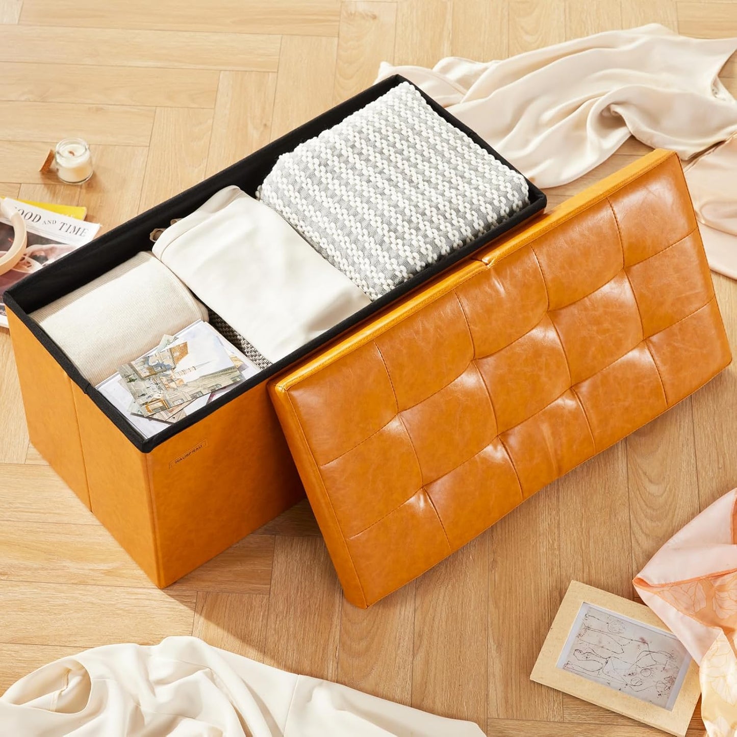 HAUSFRAU - 30 Inches Storage Ottoman Bench with Flipping Lid, Foldable Storage Chest Foot Rest for Living Room, Bedroom, Entryway, Load 660 lb, Synthetic Leather, Cognac Brown