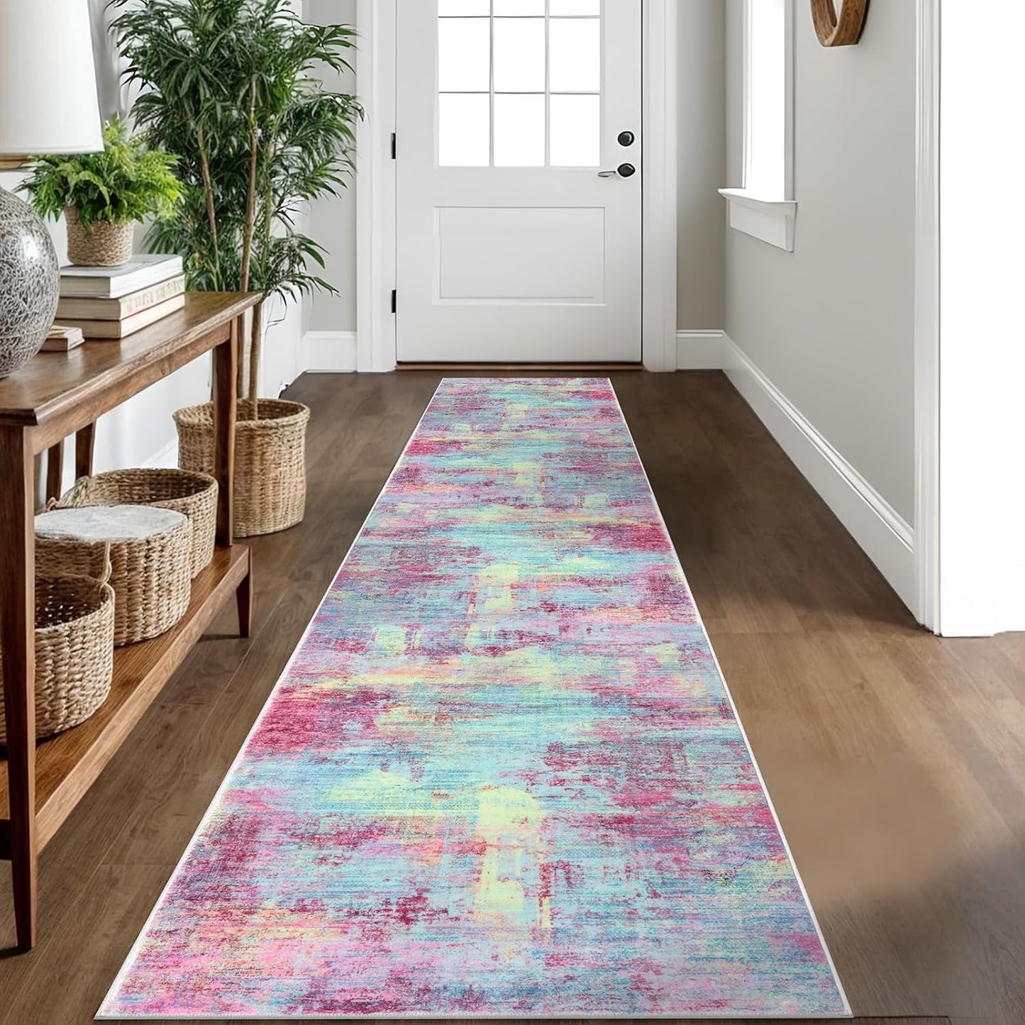 IOHOUZE Abstract Runner Rug 2x10 Ft Washable Runners for Hallways, Non Slip Kitchen Runner Printed Faux Wool Entryway Runner Indoor, Modern Abstract Floor Carpet for Hall Kitchen, Pink Teal