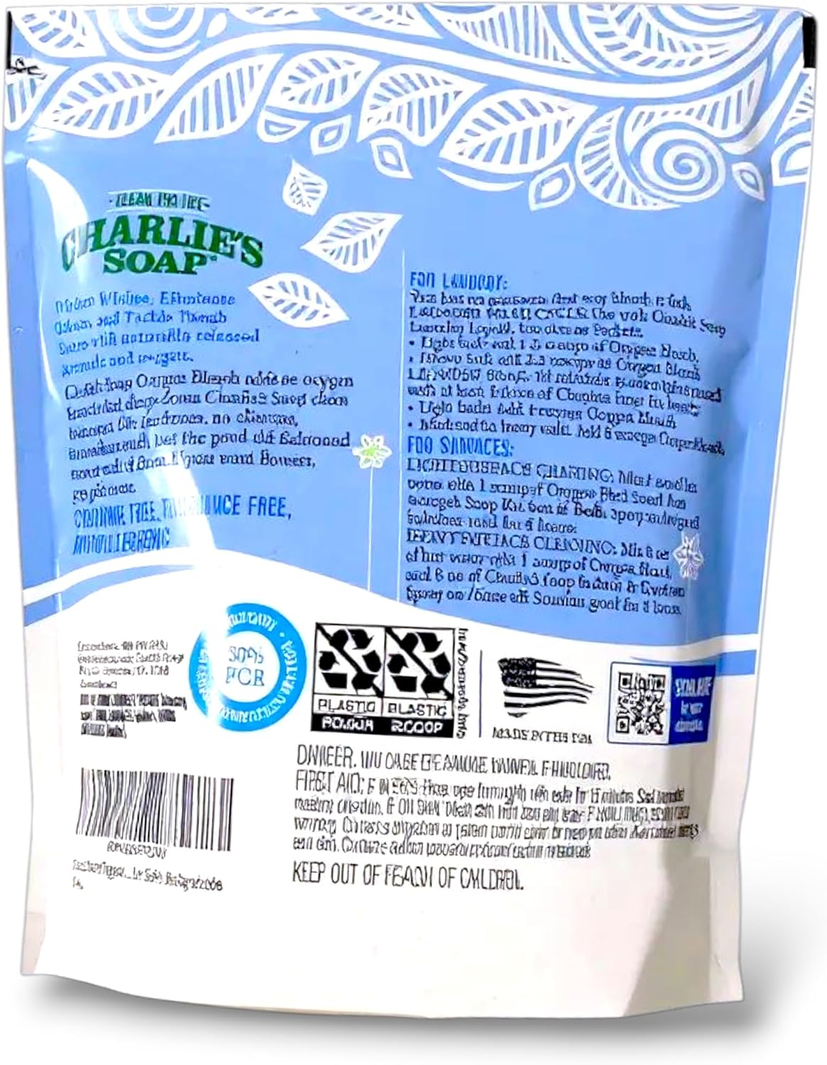 Charlie’s Soap Oxygen Bleach Powder – Chlorine-Free Laundry Whitener & Stain Remover – 4 lb Bag (120 Loads) – Fragrance-Free, Color-Safe, Biodegradable