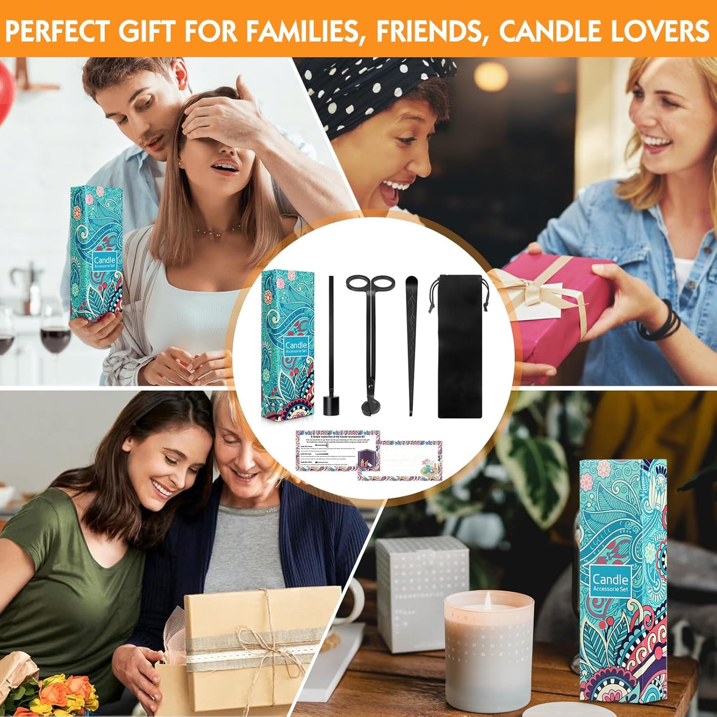 4 in 1 Candle Accessories Kit - Professional Wick Trimmer, Snuffer and Dipper with Velvet Pouch, Gift Package for Candle Lovers (Black)