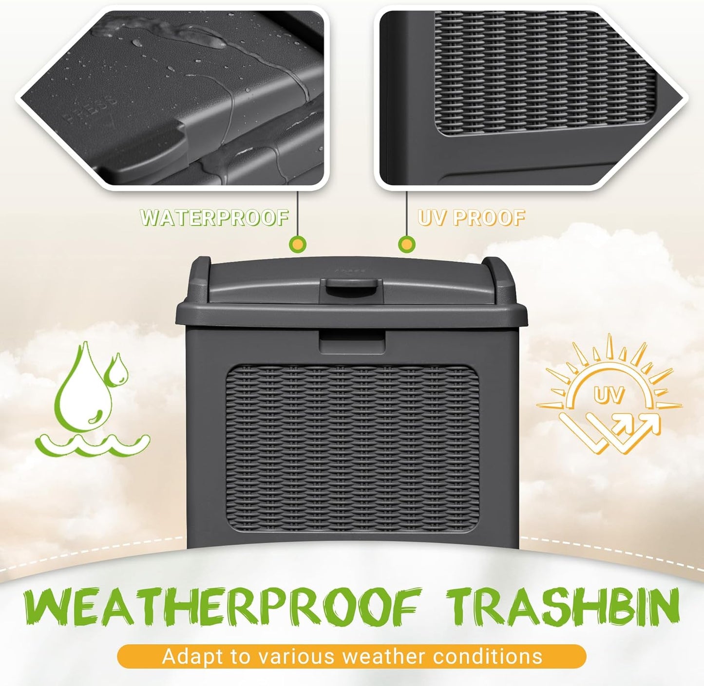 YESHOMY 2 Pack Outdoor Trash Can with Lid, Garbage Bins for Garden, Porch, Home and Kitchen, Gray