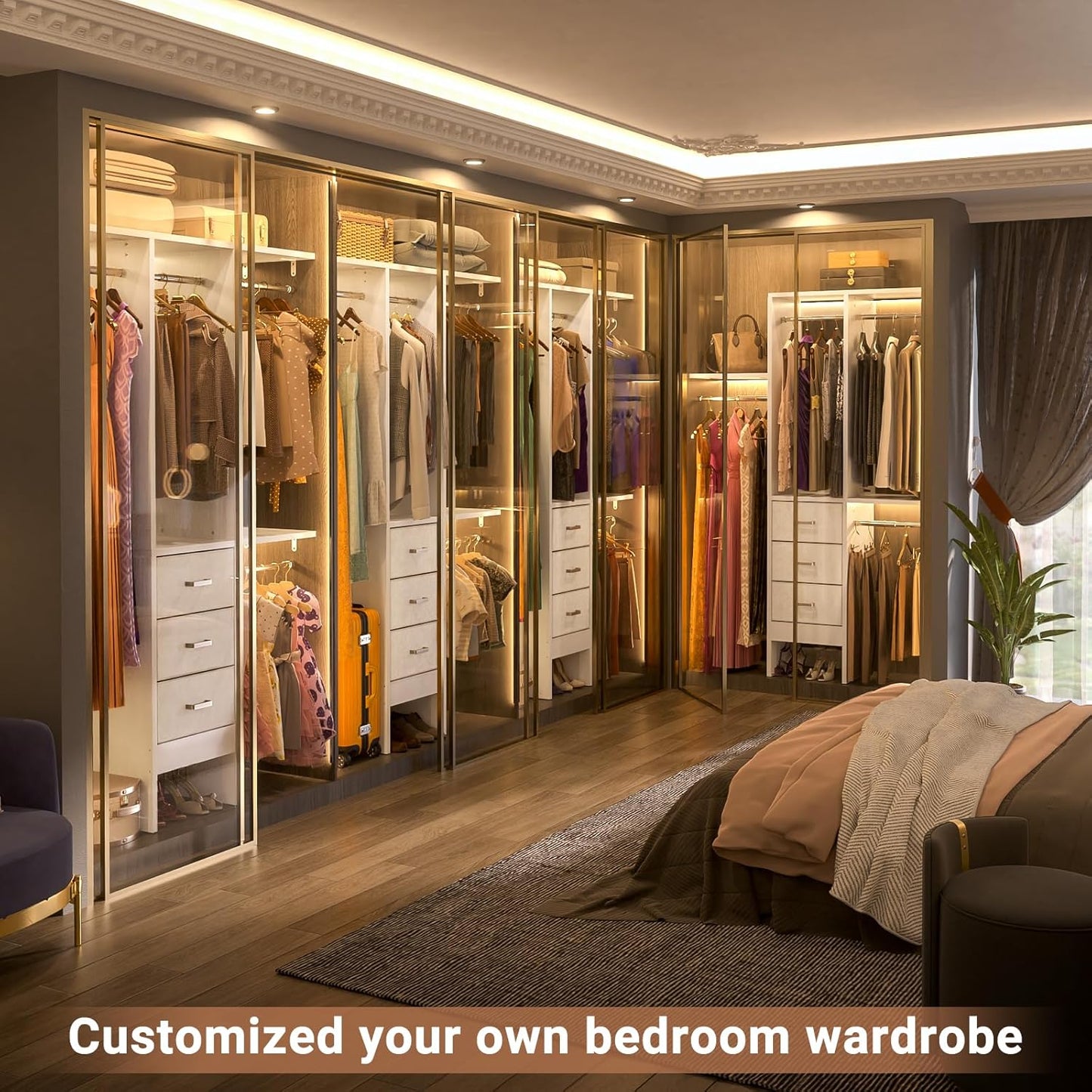 4FT Small Closet System with 3 Fabric Drawers, 48'' Closet Organizer System With 3 Adjustable Shelves, Flexible Built-In Clothes Garment Rack for Small Space, 48" L x 13" W x 71" H, White