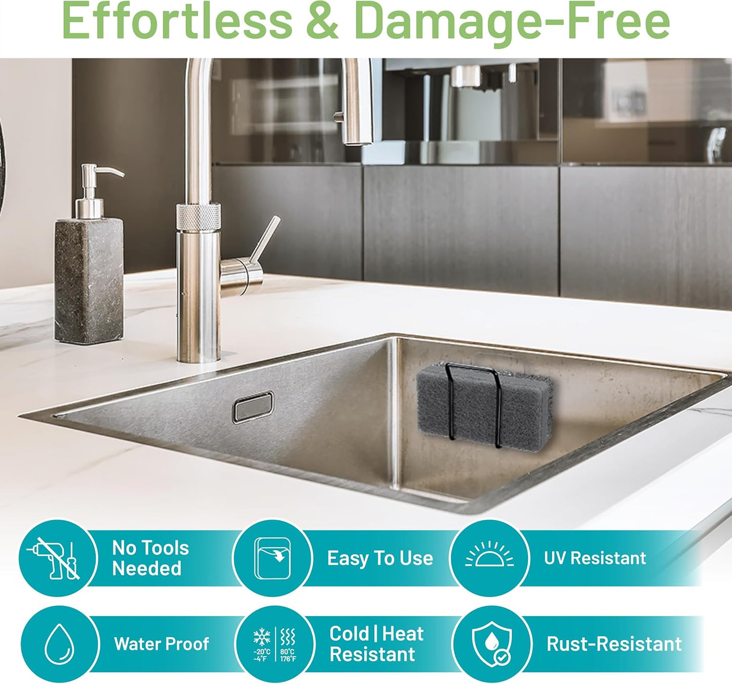 Hook LAB Reusable Sponge Holder for Kitchen Sink & Bathroom Organizer, Mountable Rack for Sponges, Scrubbers, Soaps and Brushes (Black)