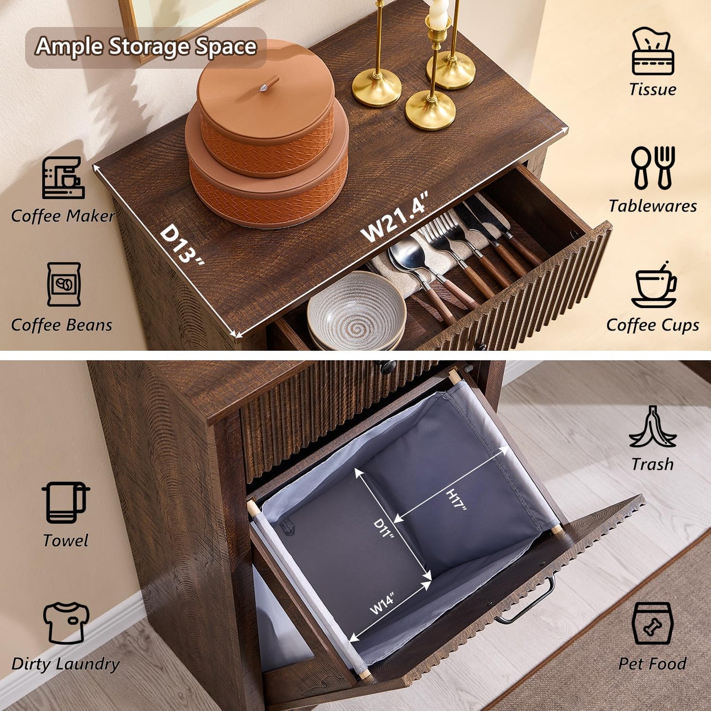 Modern Tilt-Out Trash Can Cabinet, 10 Gallon Fluted Laundry Hamper Cabinet with Drawers, Wooden Hidden Garbage Can Cabinets with Storage Basket, Free Standing for Kitchen and Living Room,Brown