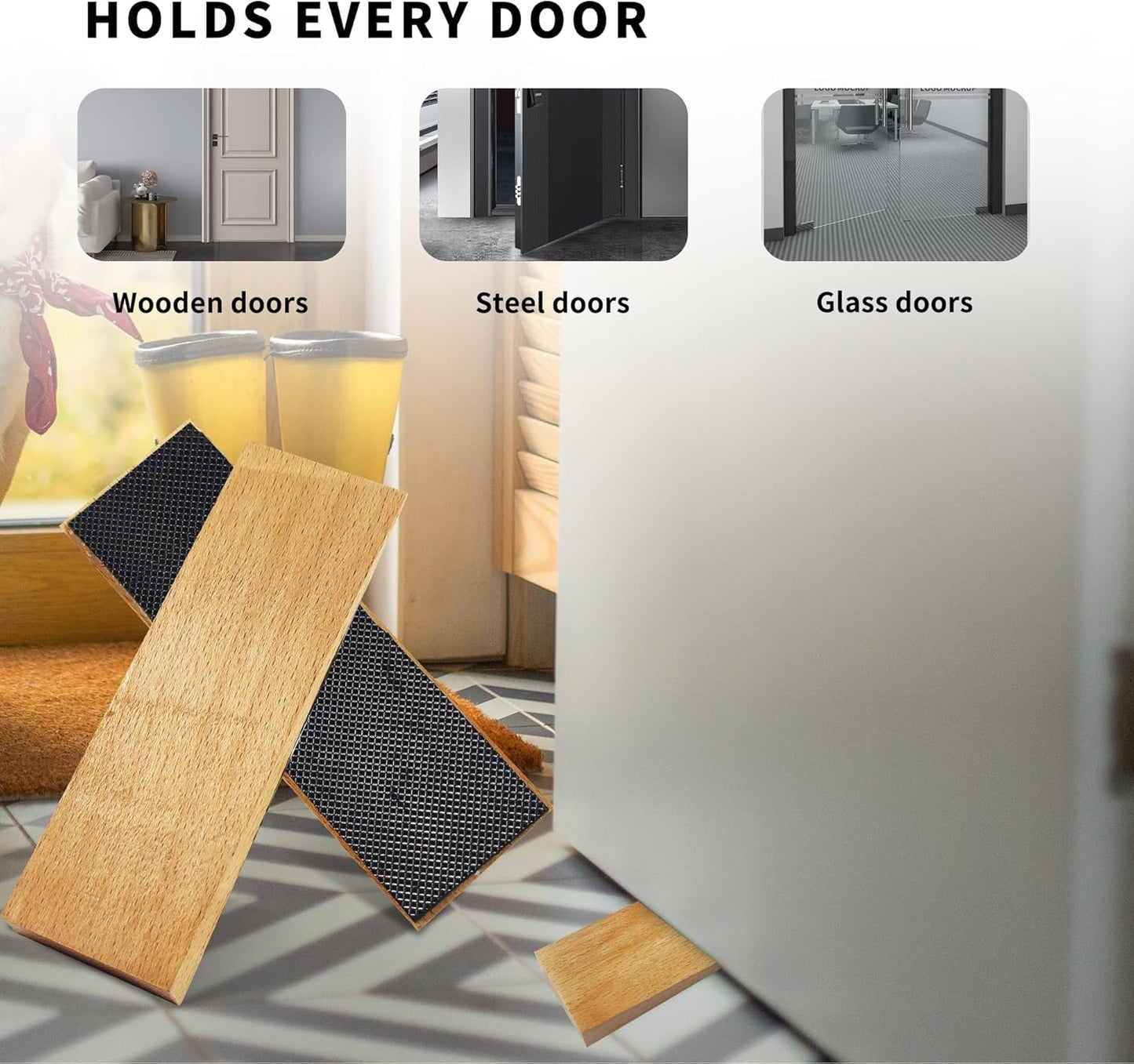 4 Pack Wooden Door Stop - Non-Slip Door Stoppers for Floor - Door Wedges for All Door Types and Surfaces - Each Door Stopper 0.6inch Thick, 4.7inch Long with Rubber