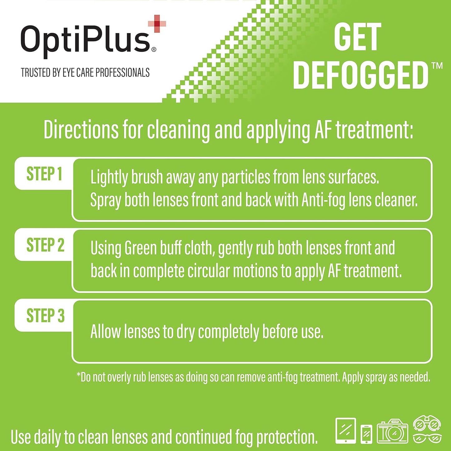 OptiPlus Anti-Fog Lens Cleaning Spray Kit l Cleaning Spray and Microfiber Cloth for Glasses, Laptops Screens, Smart Phones, Optical Lens, Goggles, Watch Screen and More l Defogging and Cleaning l 2oz