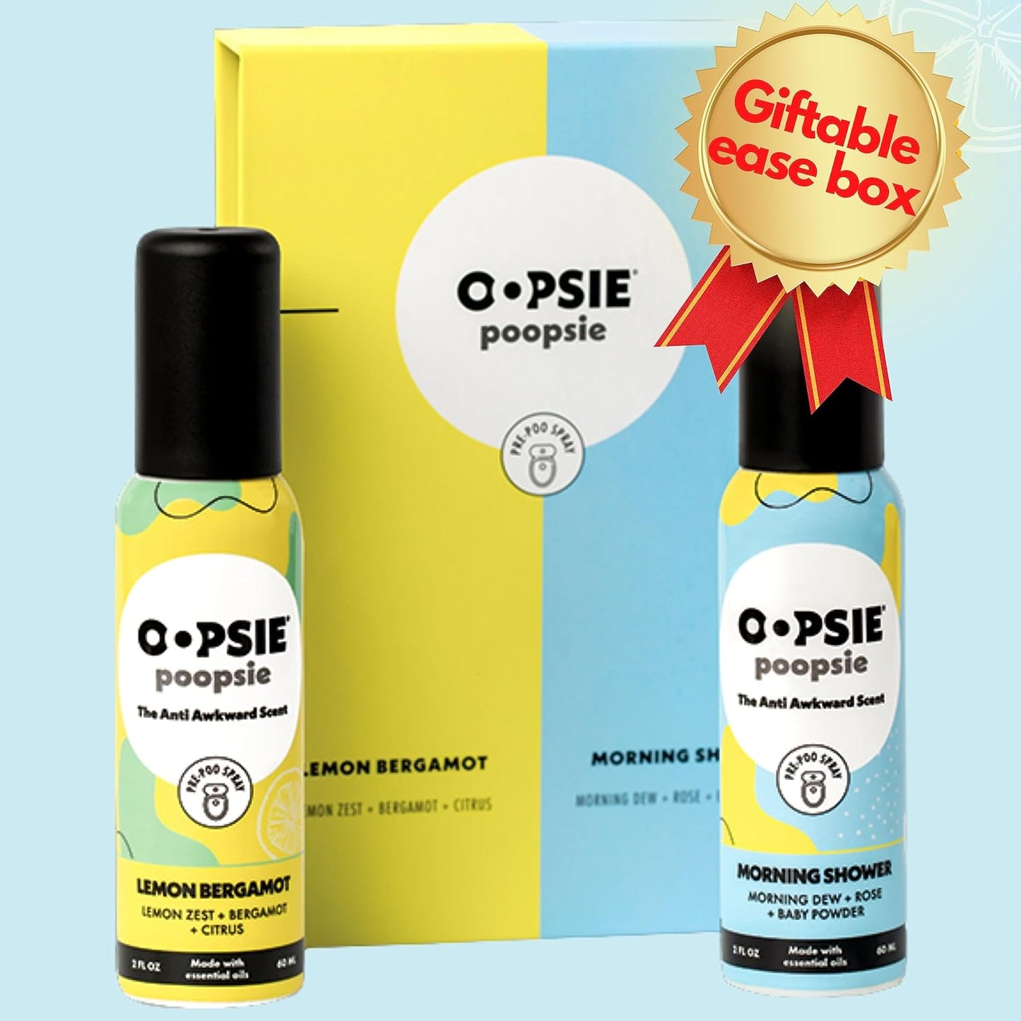 Oopsie Poopsie Pre GO toilet spray, discreet & portable original Pre-poo spray to use on the go. Assorted scents Lemon/Morning Shower Fresh Toilet Odor Eliminator 2oz bottle Gift Set 2 pack