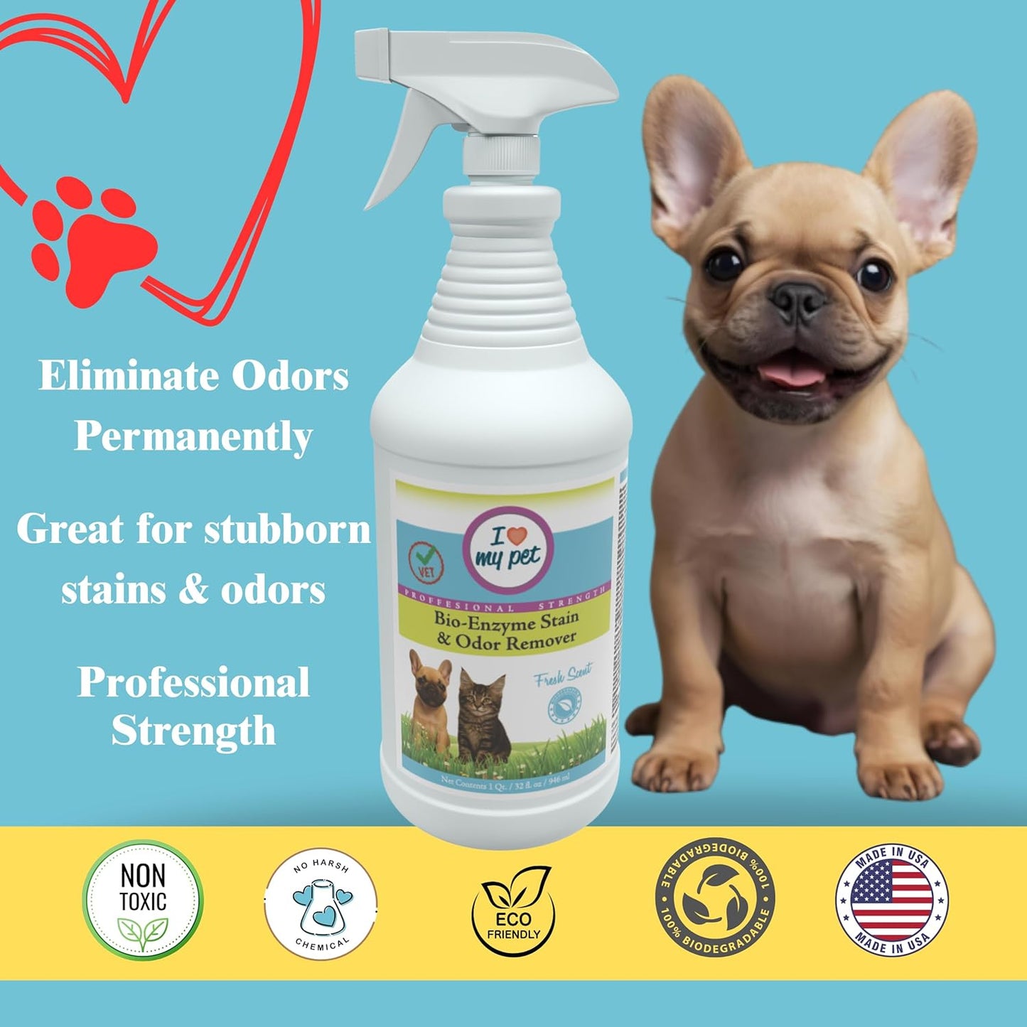 I Love My Pet Bio-Enzyme Stain and Odor Eliminator for Home, Enzyme Cleaner, Pet Carpet Cleaner Spray, Pee, Carpet Stain Remover Spray, 32 oz Fresh Scent