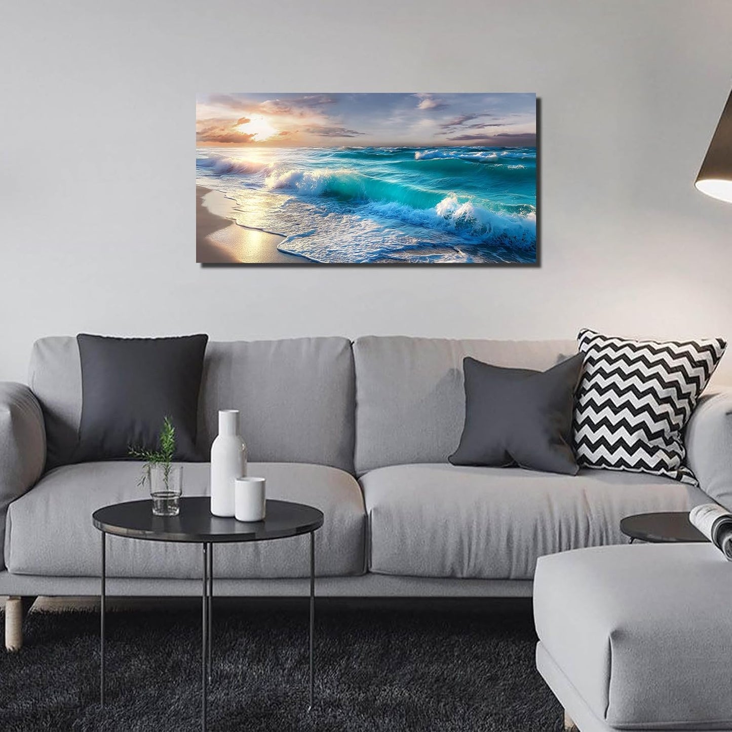 GUGIKA Ocean Wall Art for Living Room, Blue Wave and Large Coastal Beach Canvas Wall-Decor for Bedroom, Gold Sun Scenery Pictures for Hallway Office, Size 40x20 Inches