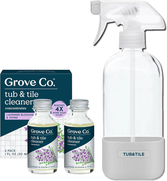 Grove Co. Tub and Tile Cleaner Refill Concentrate (2 x 1 Fl Oz) + 1 x Reusable Glass Spray Bottle (16 Oz) Plant-Based Cleaning Supplies Bundle, No Plastic Waste, Lavender & Thyme Scent