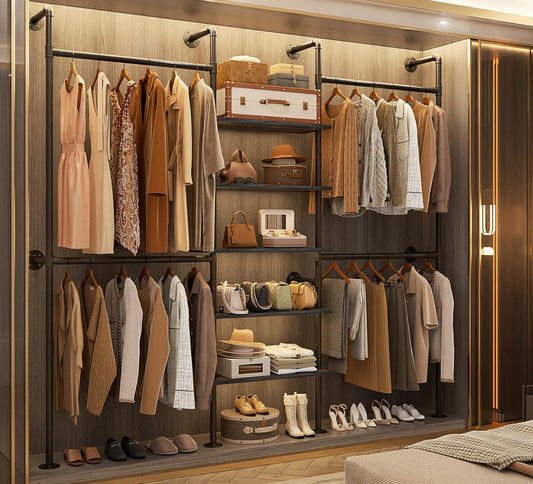 Aheaplus Industrial Pipe Clothing Rack, Reversible 6.42FT Clothes Rack for Hanging Clothes, Heavy Duty 5 Tier Wardrobe Closet Garment Racks with Shelves, Corner Closet Organizer System, Black Oak