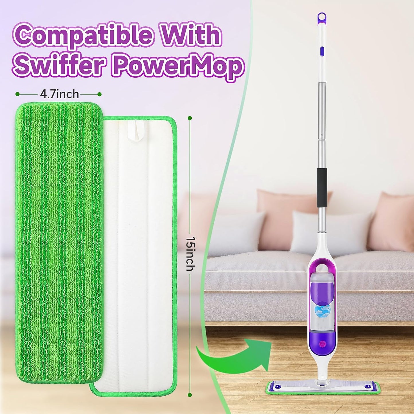 8 Pack Reusable Mop Pads Compatible for Swiffer PowerMop,Microfiber Mop Pads for 13-15'' Spray Mop, Floor Mop Pads Refills for Swiffer, Machine Wash,Green(Not Included Mop)