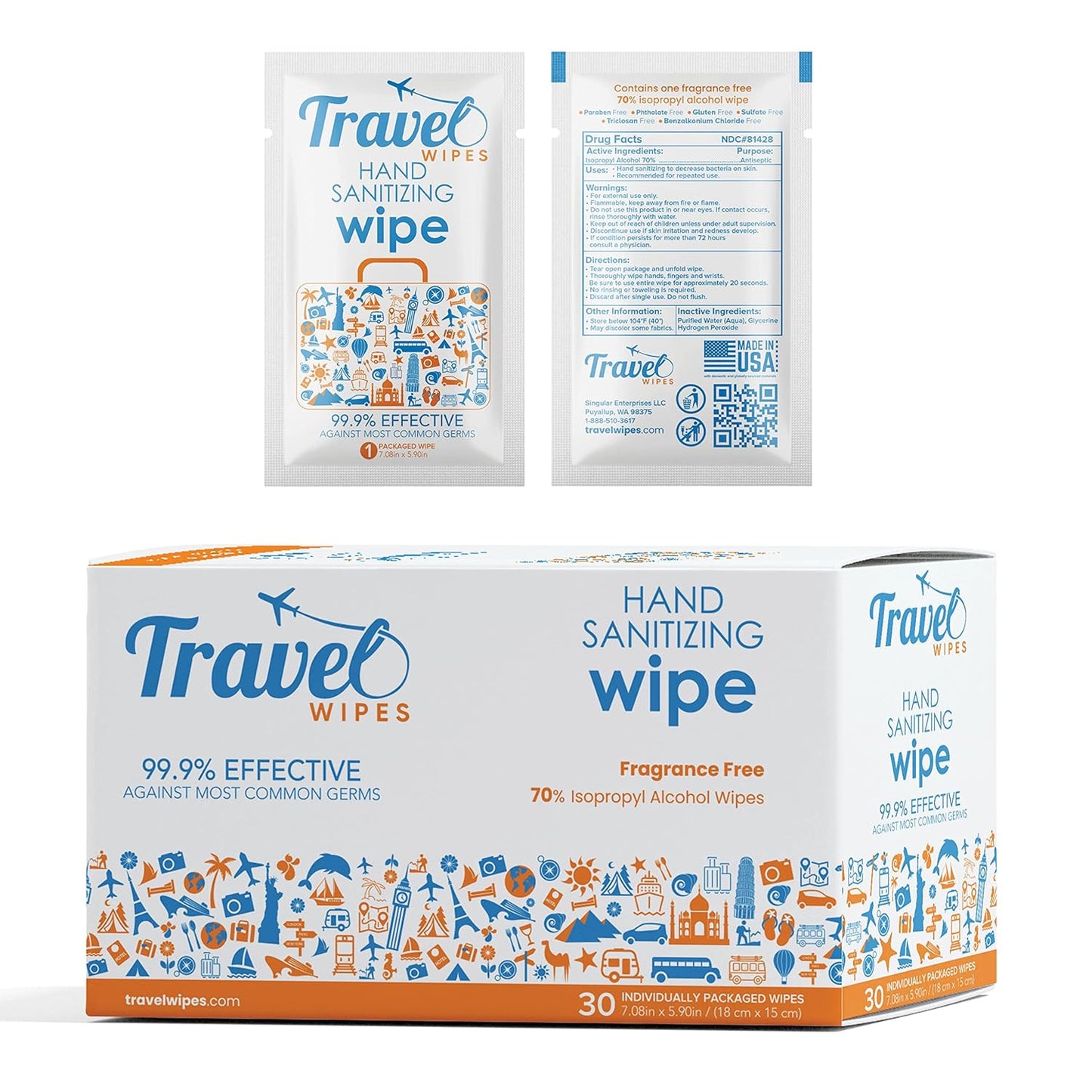 Hand Sanitizing Travel Wipes – 30ct Individually Wrapped | Fragrance-Free, Moisturizing, 70% Isopropyl Alcohol Wipes | Travel, Home, Office, Daily Use | Made in USA