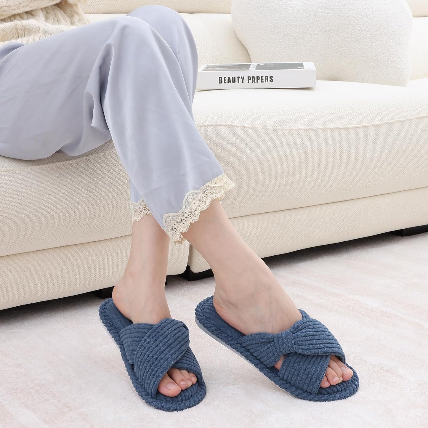 Evshine Summer House Slippers for Women Corduroy Cross Bow Indoor Slippers Open Toe Slip On Bedroom Shoes with Memory Foam