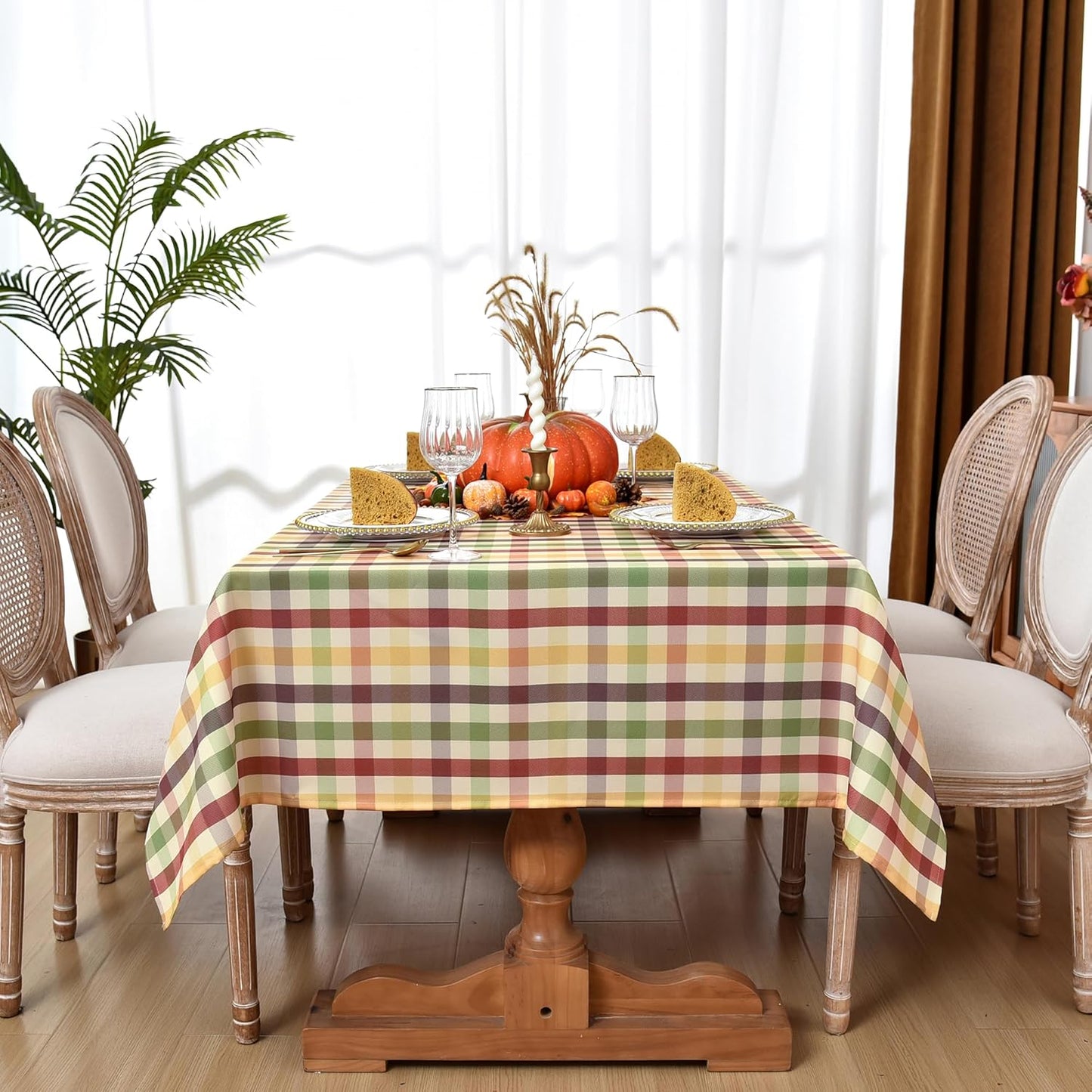 Gingham Tablecloth Fabric - Oblong 58x120 Water Resistant Christmas Plaid Table Cloth for Indoor/Outdoor Use - Fall Tabletop Cover for Birthday, Picnics, Gardens, and Thanksgiving Day