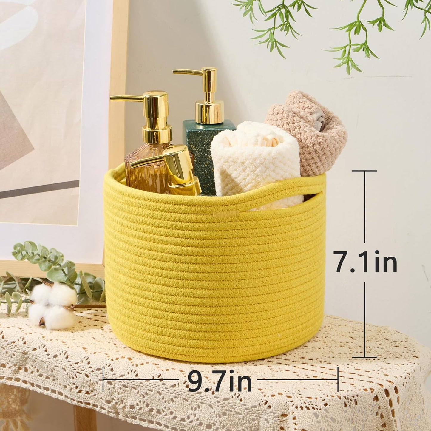 Small Basket for Organizing | Cube Shelf Closet Storage Baskets | 9.7×9.7×7.1” | Woven Rope Gift Basket | Nursery | Round 3 Packs Yellow