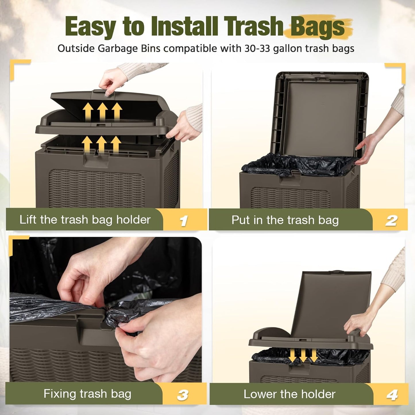 Devoko 33 Gallon Outdoor Trash Can, Hideaway Garbage Bins with Tiered Lid, Waterproof Resin Outside Waste Bins for Patio, Outside Pool, Backyard and Deck(1, Deep Brown)