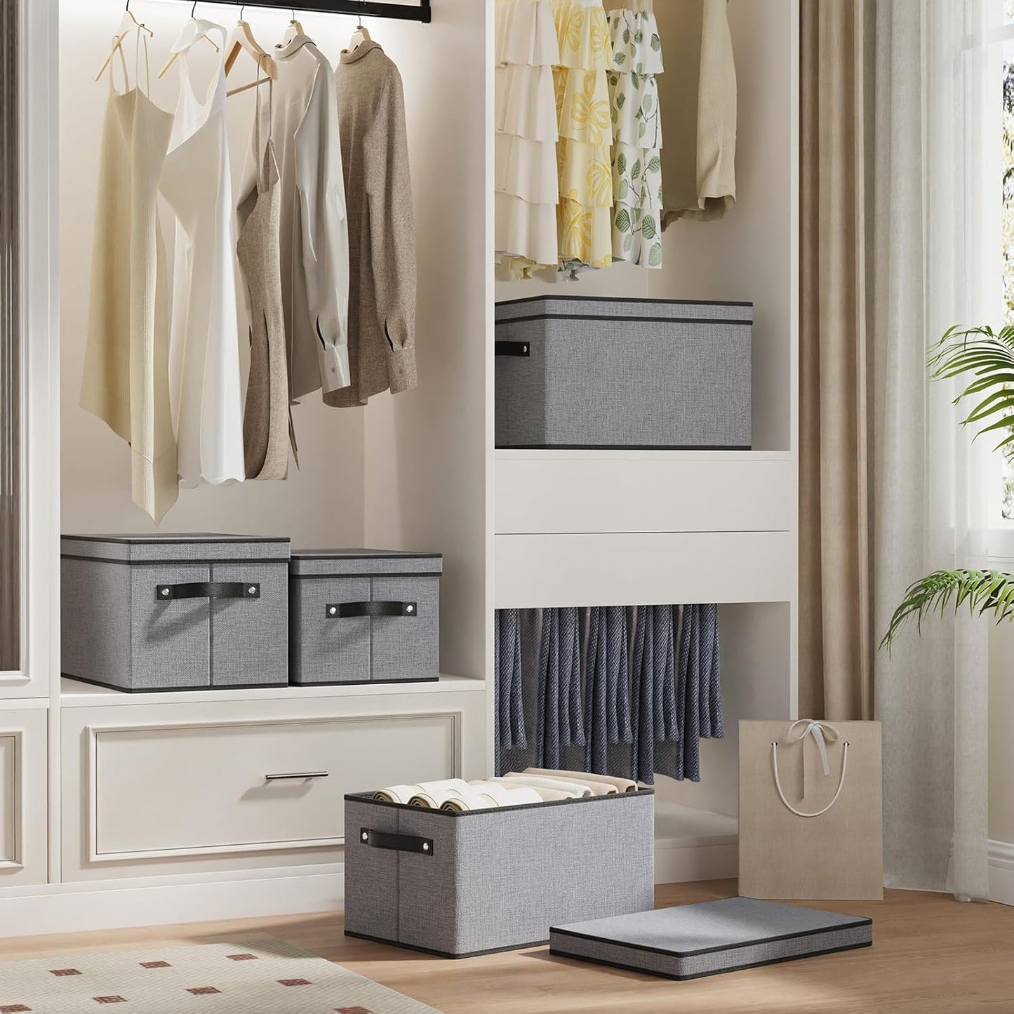 Fabric Storage Boxes, 7.1 x 9.1 x 13 Inch Baskets for Shelves with Lids, Wardrobe Organiser with Handles, Decorative Linen Closet Organizer Bins, Gray, 3 Pack