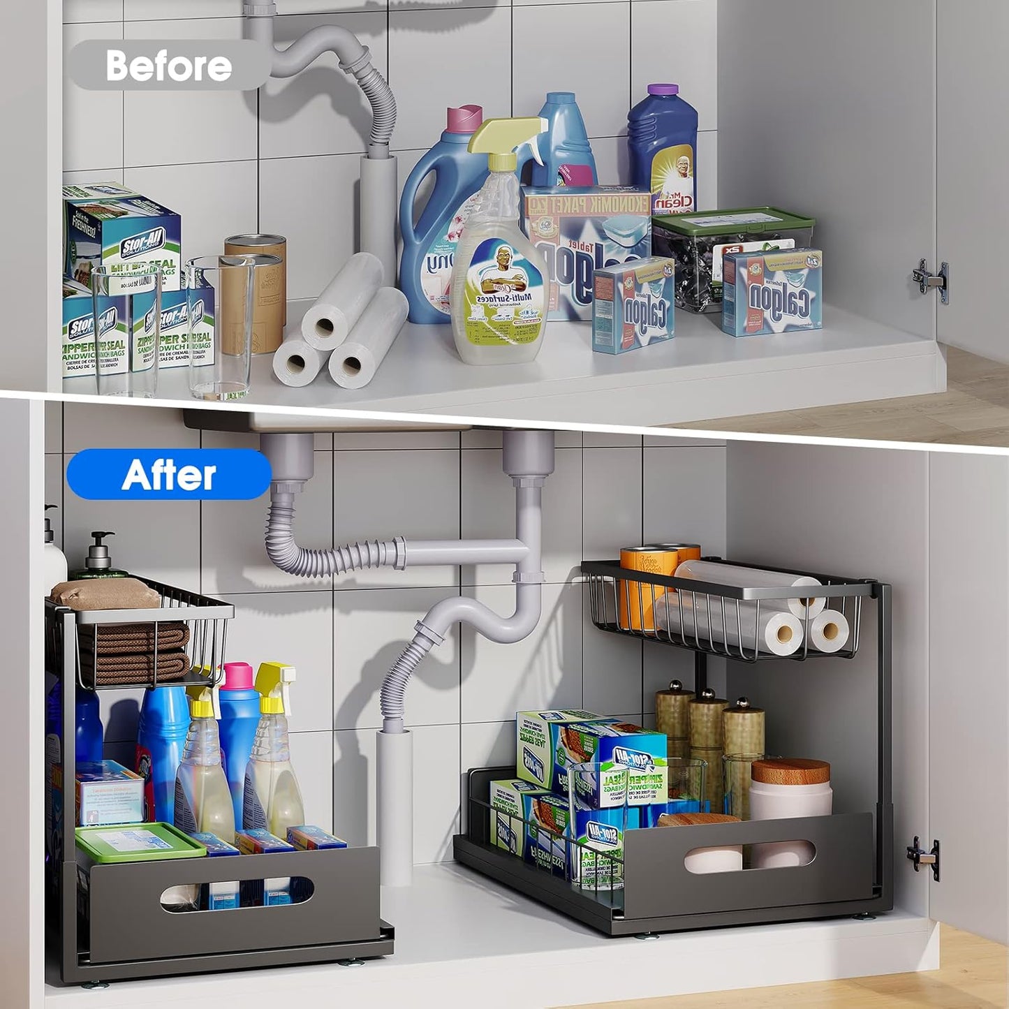 2 Pack Under Sink Organizer, 2 Tier Under Sink Organizers and Storage Multi-Purpose Under Sink Storage for Bathroom Kitchen (Black)