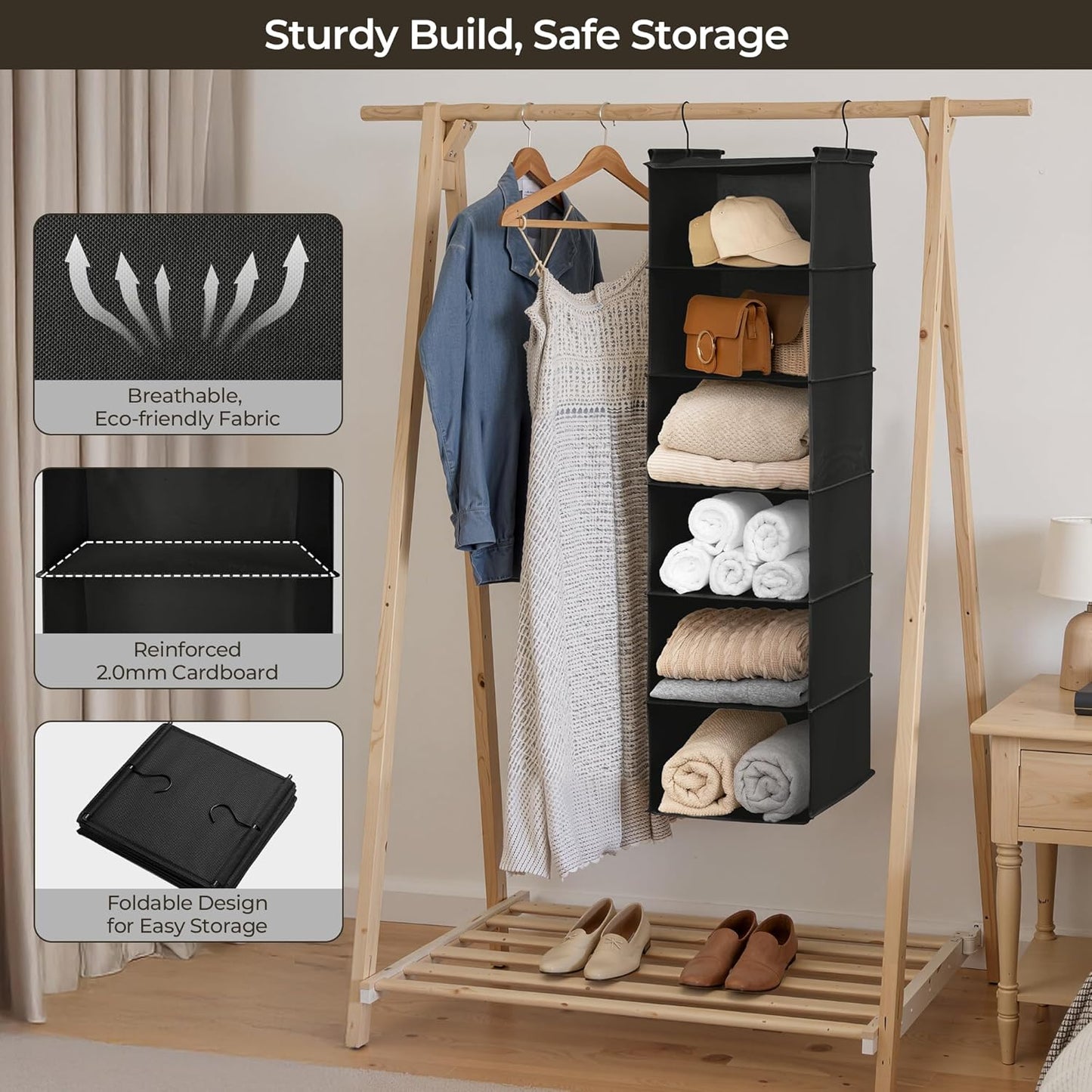 GRANNY SAYS 6 Shelf Hanging Closet Organizers and Storage, Collapsible Closet Hanging Organizer with 2 Sturdy Hooks, Large Hanging Shelves for Weekly Clothes Organizer, Black
