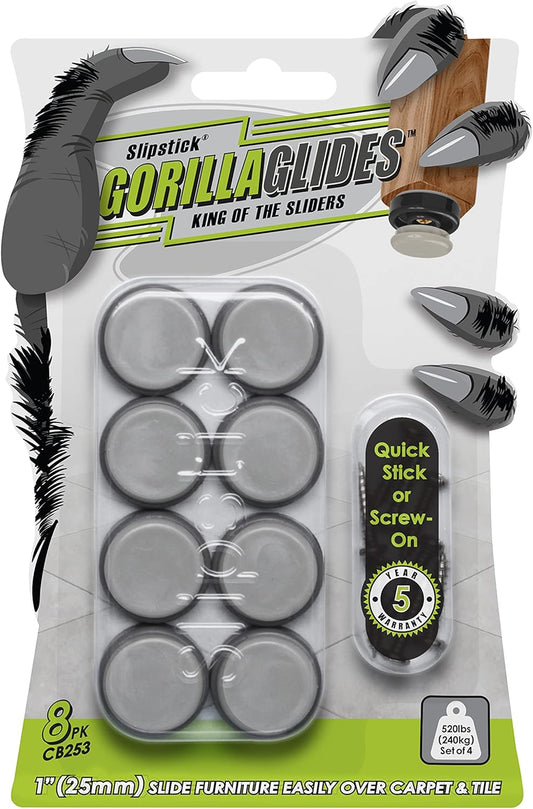 GorillaGlides CB253 1 Inch Chair Sliders/Furniture Glide Floor Protectors (Set of 8 Glides) Self-Adhesive Screw-On Glides, for Sliding on Hard Surface Floors and Low-Pile Carpet, Round
