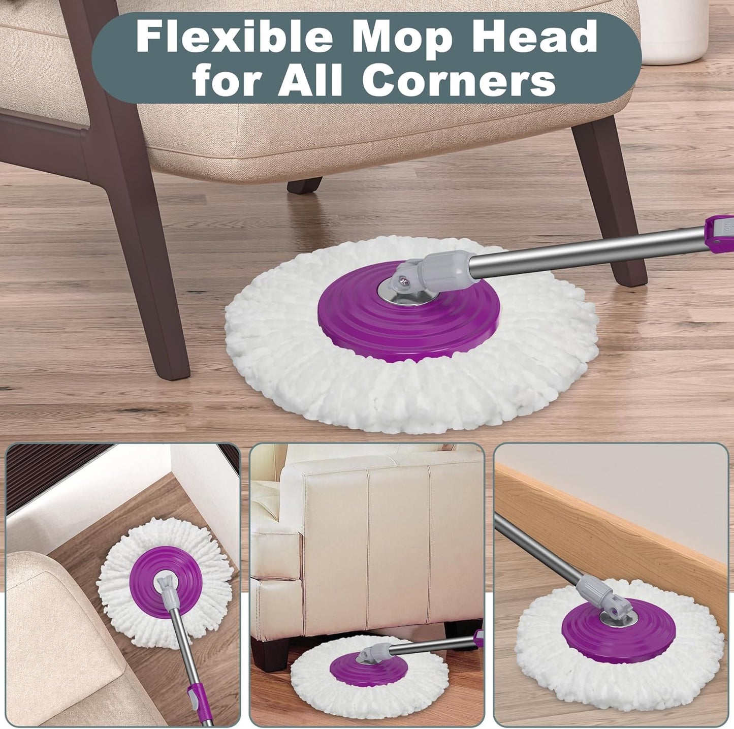 Dual Compartment Spin Mop and Bucket, Mop and Bucket with Wringer Set,360°Rotating Spinning Mopping for Floor Cleaning with 6 Microfiber Replacement Heads, 61" Extended Handle, 2X Wheel