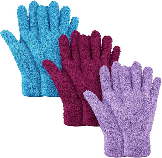 Patelai 3 Pairs Microfiber Plant Dusting Gloves Leaf Cleaning Gloves for Indoor Plants, Blinds, Furniture, House(Large,Reddish Violet, Blue, Purple)