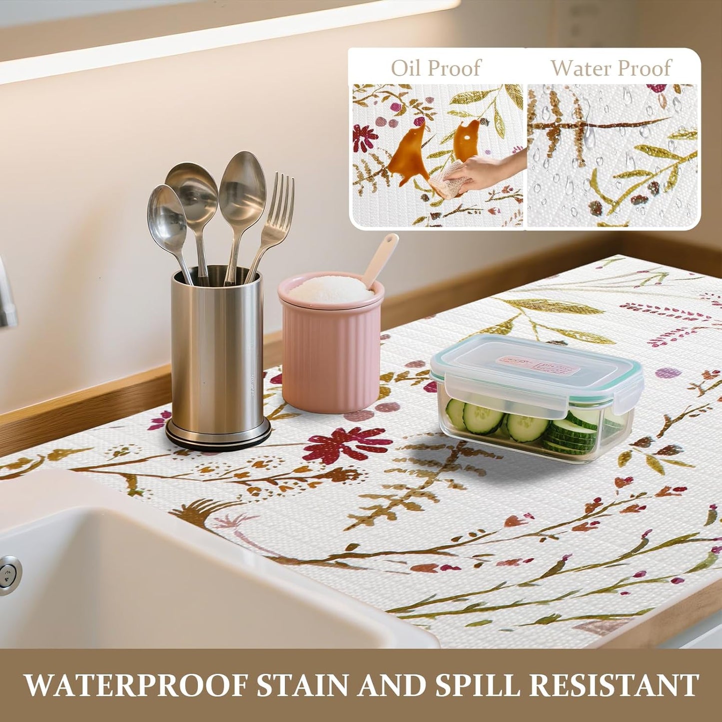 FINNEZ Shelf and Drawer Liner 12in x 10FT with Cutting Tool, Non Slip Non Adhesive Drawer Liners for Kitchen Cabinets, Waterproof Floral Cabinet Liner for Shelves, Refrigerator