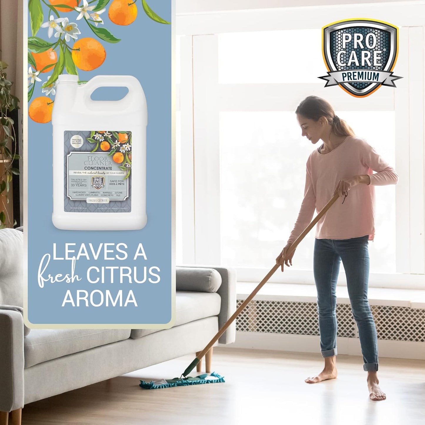 ProCare Citrus Floor Cleaner Concentrate (Made in USA) | Vinyl, Wood, Tile, Stone & Laminate Floor Cleaner For Mopping, Household Supplies, Cleaning Solution For Kitchen & Bathroom - 1 Gallon