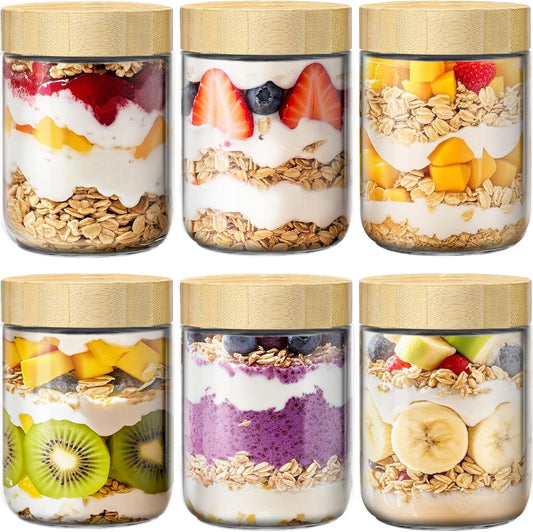 6 Pack 16oz Overnight Oats Containers with Bamboo Lids, Glass Jars with Airtight Lids for Meal Prep, Wide Mouth Mason Salad Jars, Glass Food Storage Container for Yogurt Chia Snacks Spice Sugar