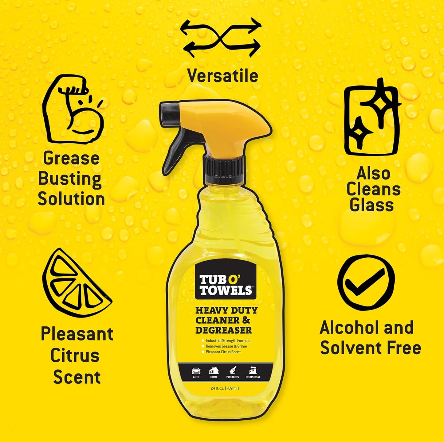 Tub O' Towels Heavy Duty Cleaner and Degreaser Spray Helps in Removing Oil Tar Paint Dirt Caulk Grease Grime Gunk Epoxies, Industrial Strength, Home & Auto, Made In USA, Citrus Scent, 24oz, 2-Pack
