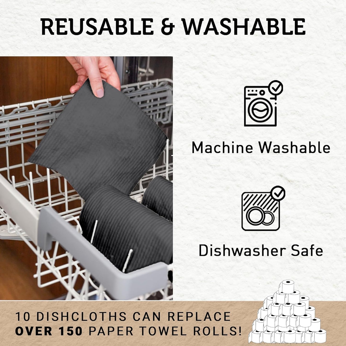 Nordhus Design Swedish Dishcloths, Black Charcoal/Dark Grey, 10-Pack, Reusable, Washable Cellulose Cotton Kitchen Cloths - Replace Paper Towels, Wipes, Sponges, Dish Rags