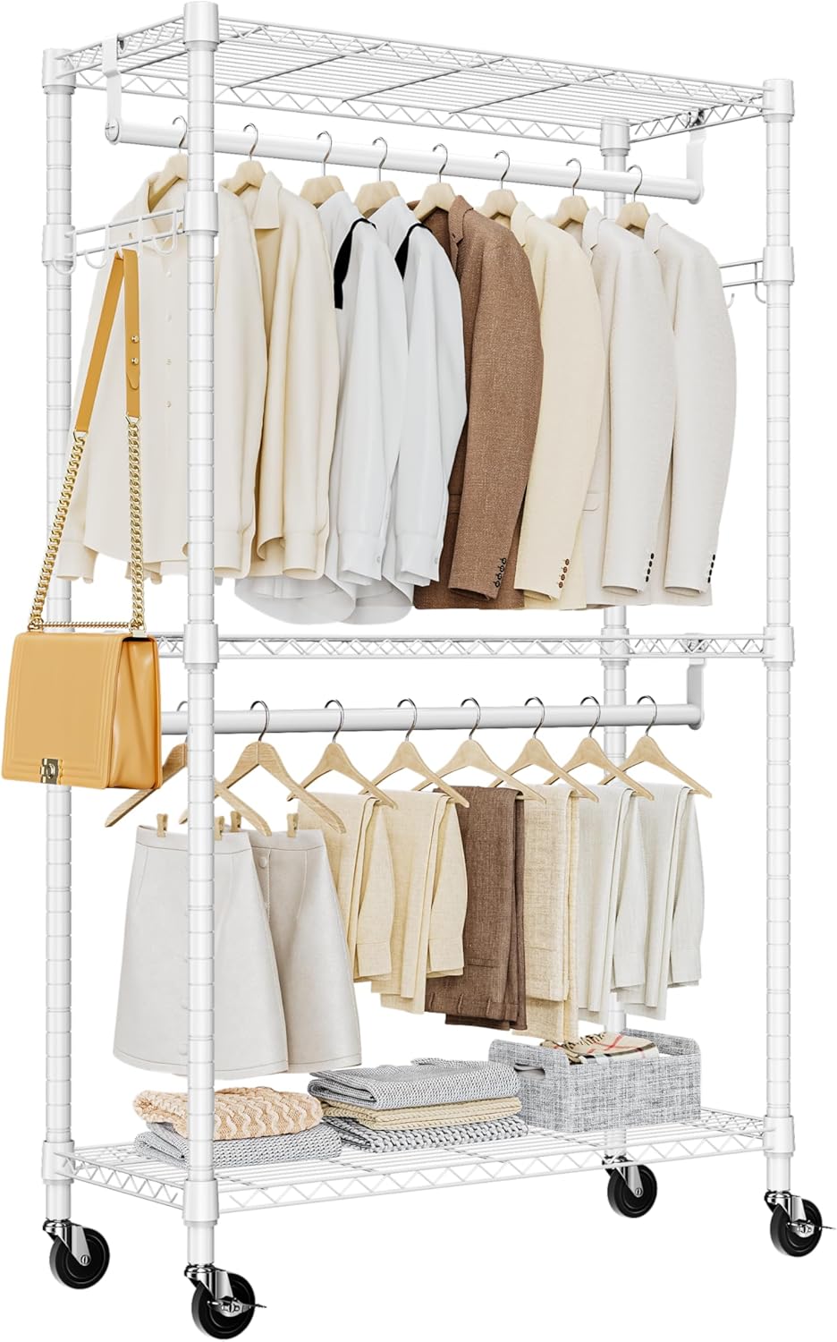 Heavy Duty Rolling Garment Rack 3 Tiers Adjustable Wire Shelving Clothes Rack with 2 Rods and Side Hooks,Storage Closet Clothing Rack with Wheels White 15.7" D x 29.5" W x 74.5" H