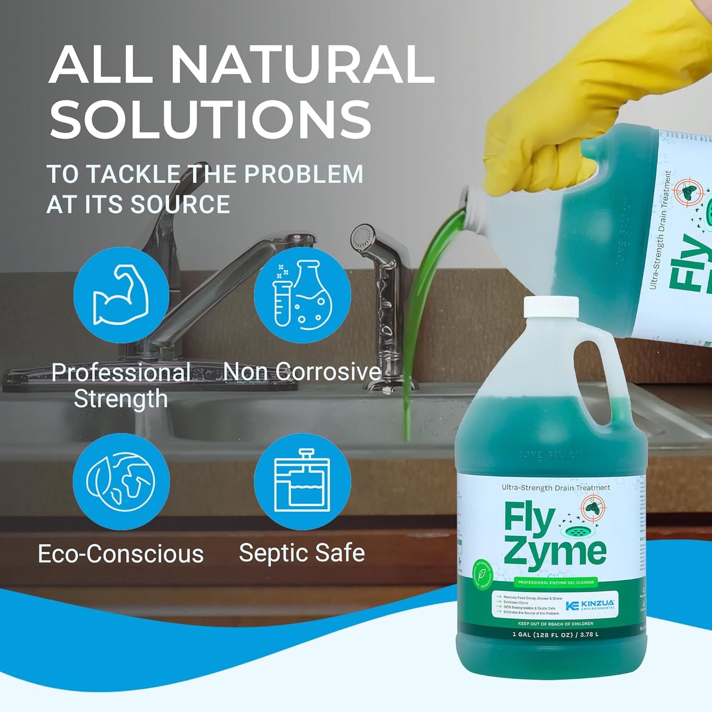 Kinzua Environmental Fly-Zyme, Highly Concentrated Enzyme Drain Cleaner for Pipes, Drain Gel for Fruit Flies, Organic Waste Degrader & Odor Neutralizer, 1 Gallon