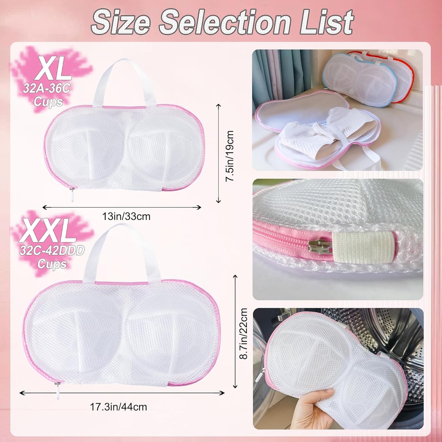 8 Pcs Bra Wash Bags for Laundry - Lingerie Mesh Bag Set Underwear Brassiere for Washing Machine With Zipper for Women Delicates Pink (32A-36C Cup)