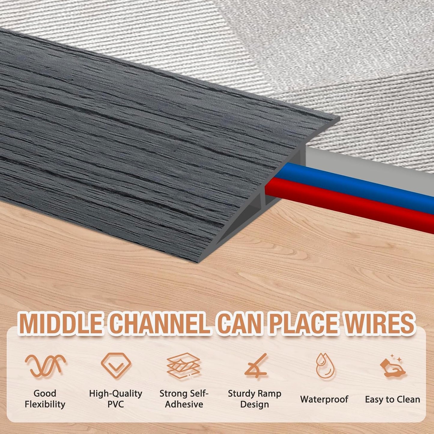 Floor Transition Strip Self Adhesive Vinyl Door Threshold for Doorways Carpet Edging Trim Overlap Edge Reducer for Laminate Floor, Carpet, Tile (Deep Gray Wood Grain, 3/5" to 4/5", 6.6Ft)