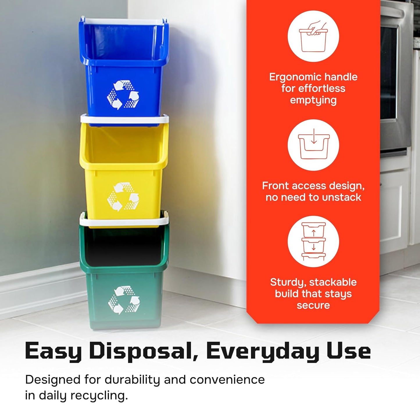 Multi Recycling Bin System with Three Stacking 6 Gallon Bins with Carrying Handles, Stackable and Compact for Offices, Homes, Garages, Businesses - (Green, 6 Pack)