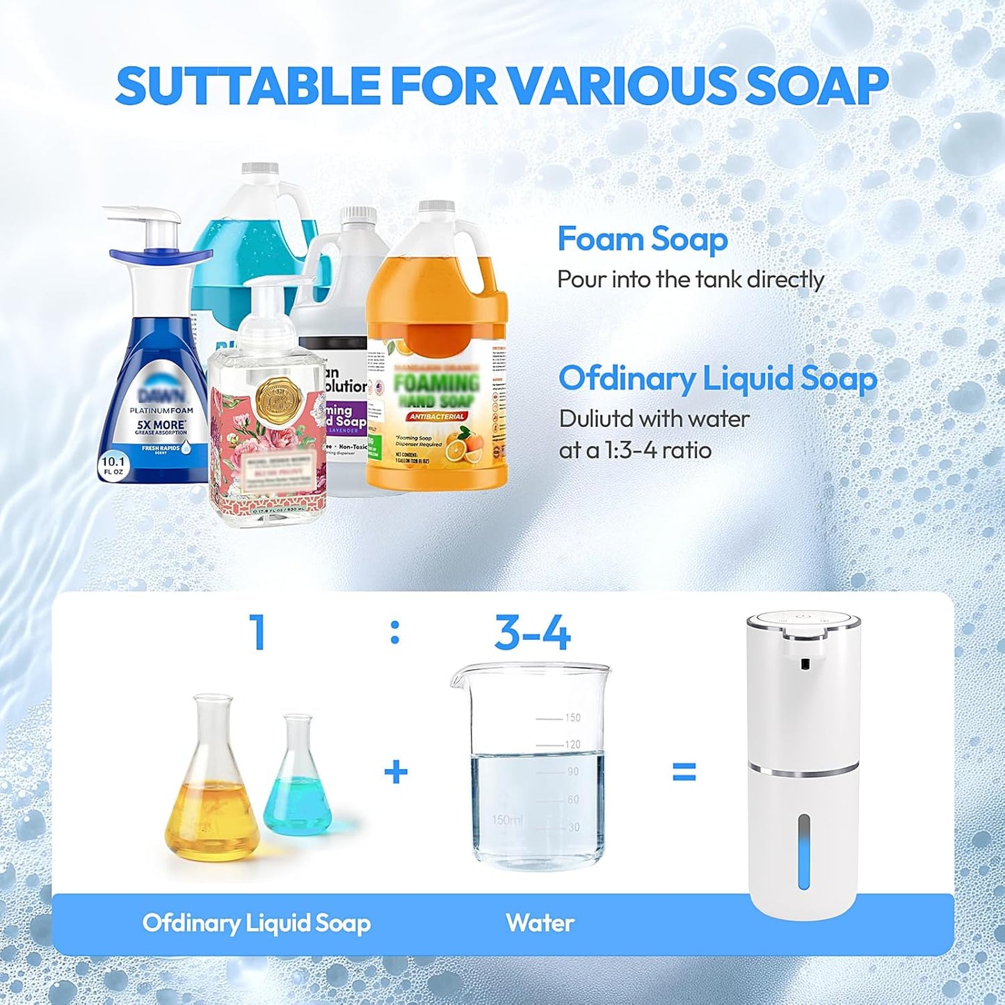 Automatic Foaming Soap Dispenser,Touchless Foam Soap Dispenser,12.8oz Rechargeabled Wall Mounted Smart for Bathroom and Kitchen Dish Soap,Easy for Toddlers(White)