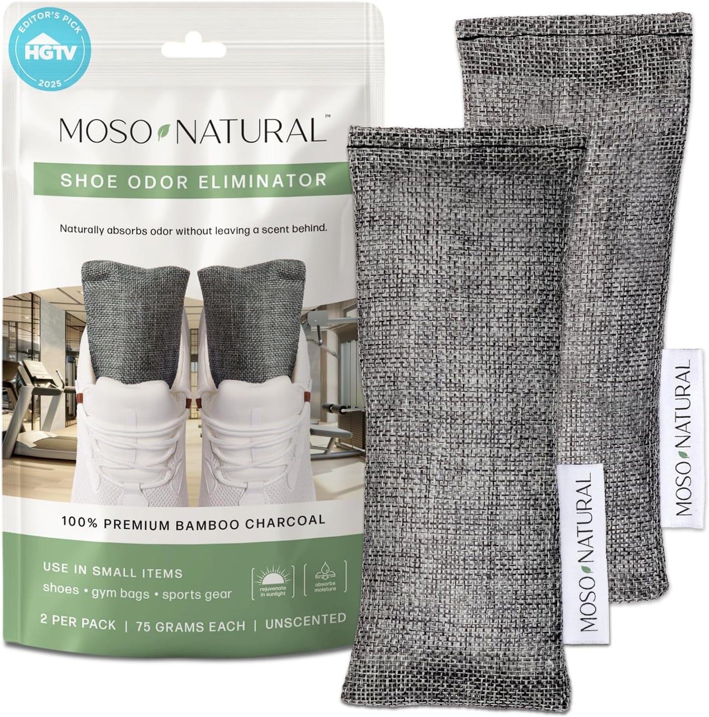 Moso Natural Shoe Deodorizer Inserts, Charcoal Odor Absorber for Shoes, Gym Bag & Boot Deodorizer, Long-Lasting Shoe Odor Elimination, Unscented Air Purifying Bags (Two Per Pack)