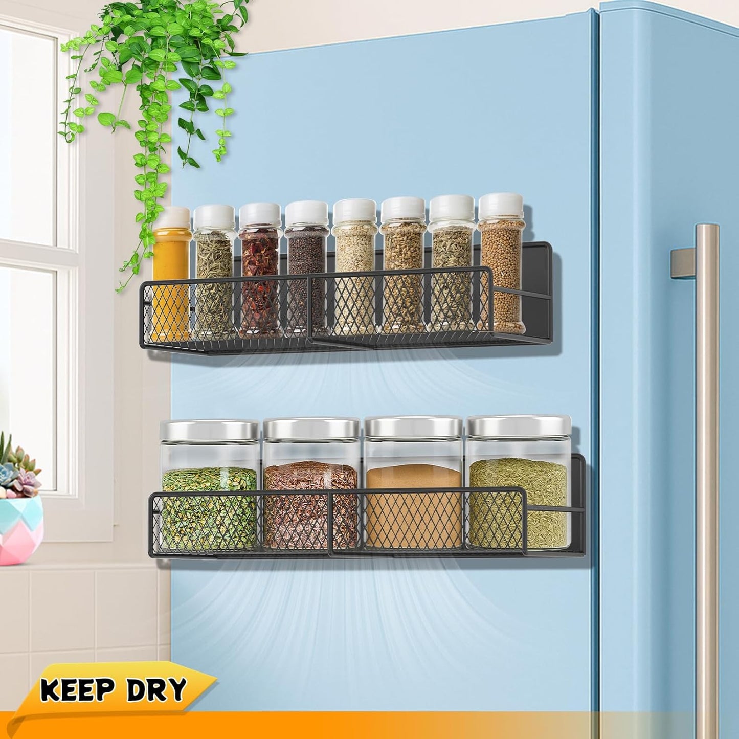 2 Pack Magnetic Spice Rack for Refrigerator, Black Magnetic Shelf with 4 Removable Hooks, Rustproof Magnetic Shelf for Fridge, Oven, Condiments, Oils, Seasoning Spice Organizer