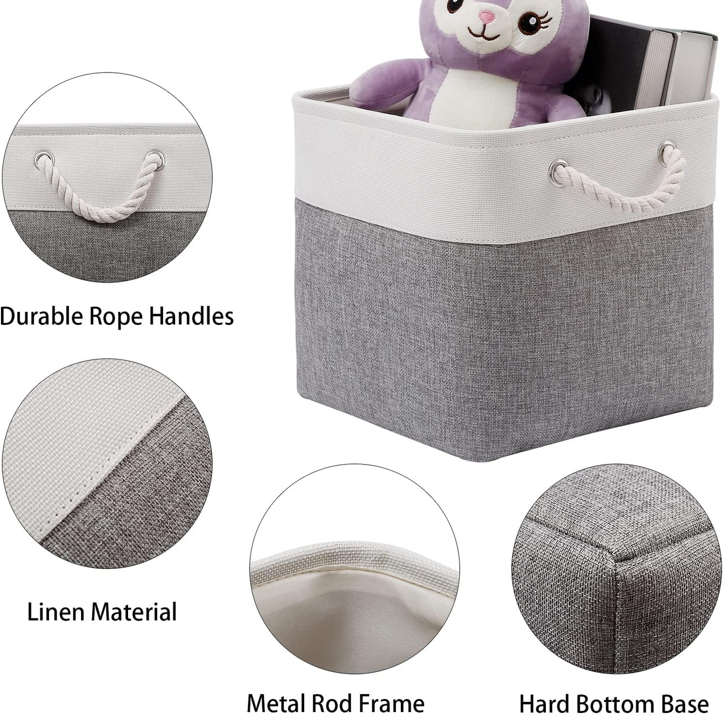 Cube Storage Bins, Collapsible Fabric Cube Storage Bin, 11 Inch Cube Storage Bins with Handles, Foldable Storage Cubes (White/Gray, 6Pack)