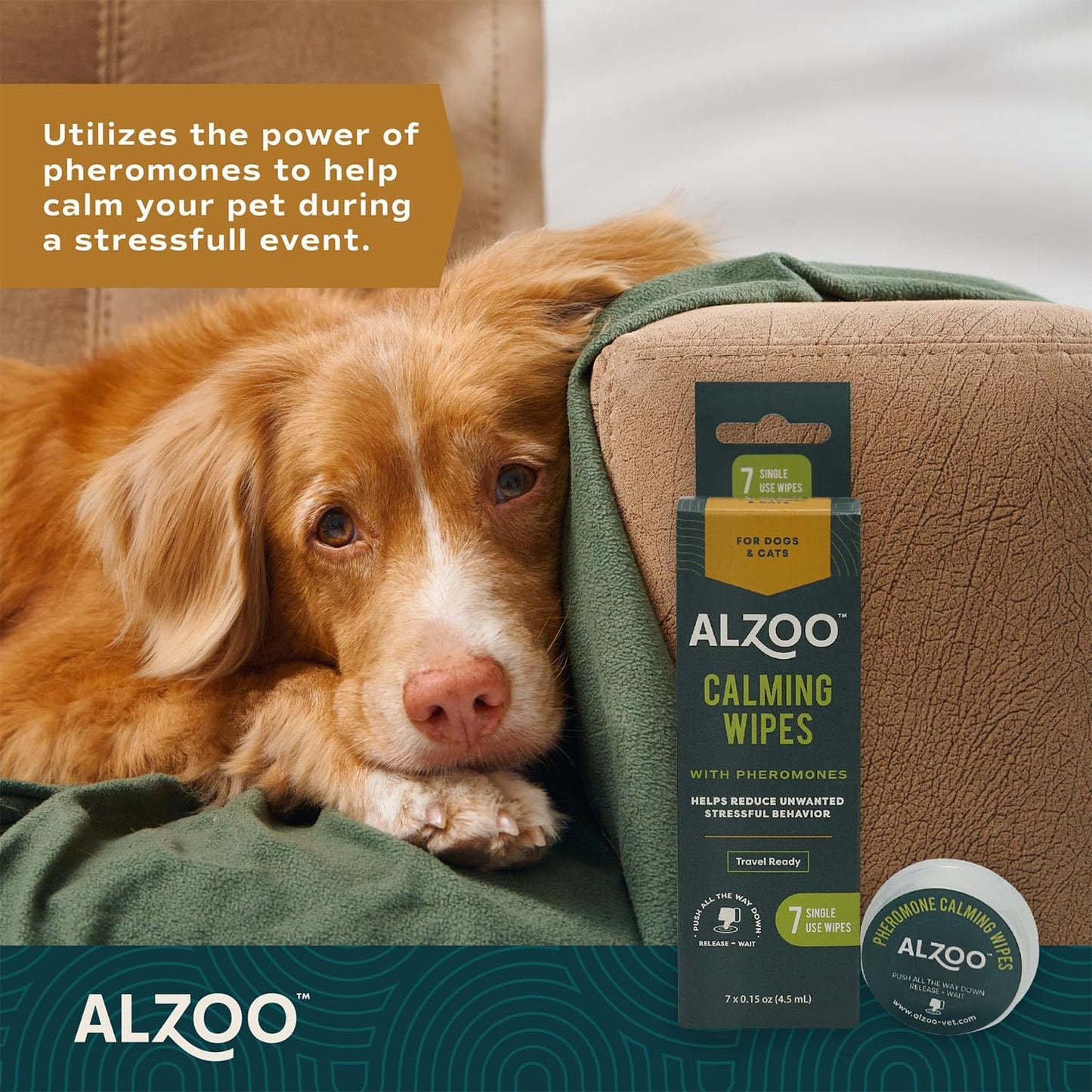 ALZOO Calming Wipes with Pheromones for Cats and Dogs, On The Go Wipes Helps Reduce Stressful Behavior, 0.15 Ounce