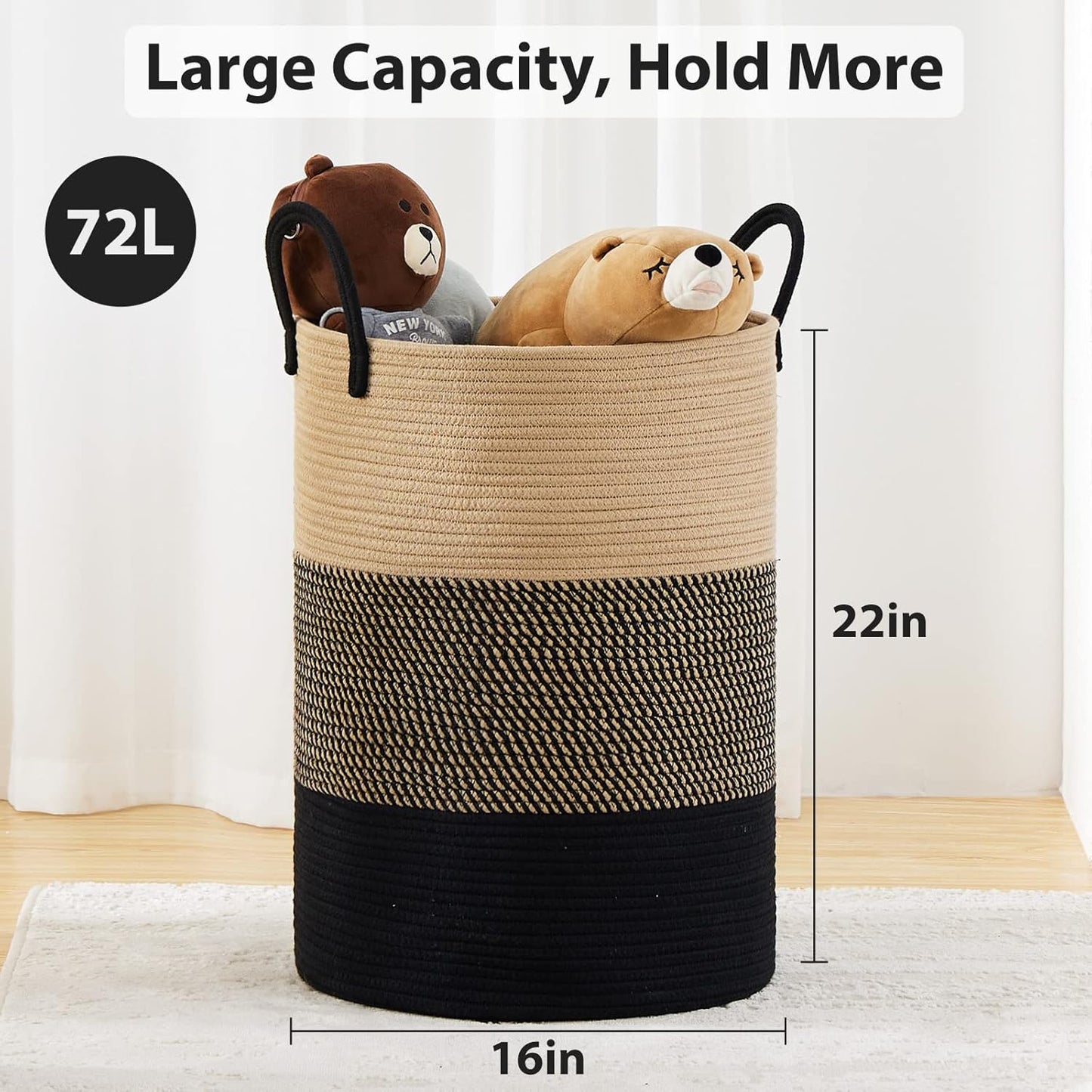 Fiona's magic 72L Large Woven Laundry Hamper, Tall Cotton Rope Storage Basket, Jute Baby Nursery Hamper for Blankets, Toys and Clothes in Bedroom and Living Room Organizing, Brown & Black